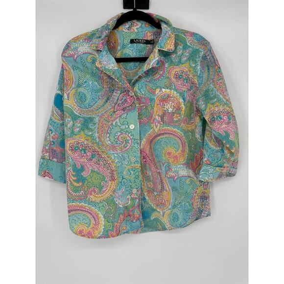 Ralph Lauren Paisley Pajama PJ Set Embroidered Logo Turquoise Blue Cotton Medium - Picture 6 of 12